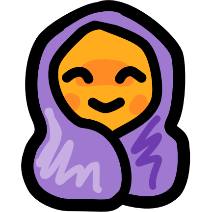 A yellow figure sitting nestled in a purple blanket. They have a happy, content expression